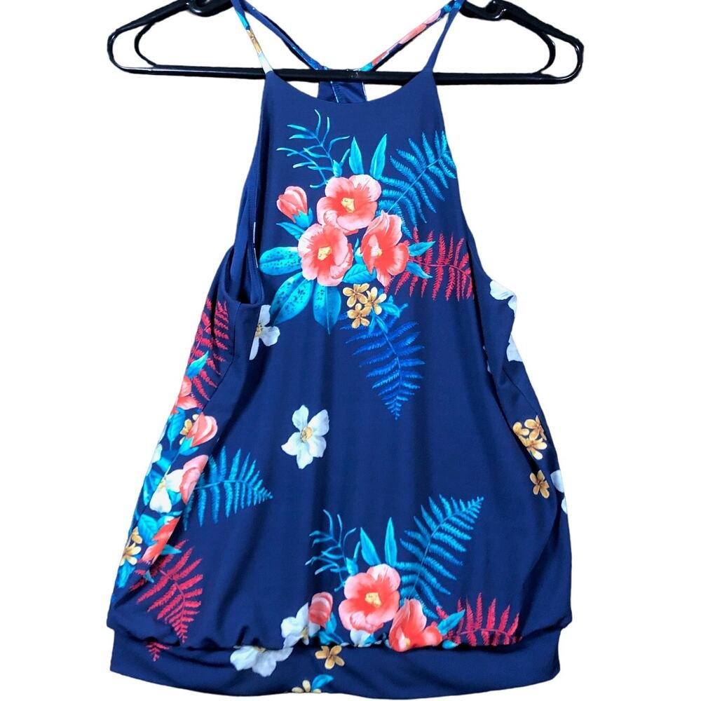 Express Womens Blouse Blue Floral Tank Sleeveless WaistBand Stretch XS